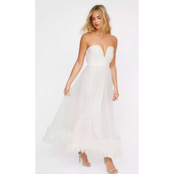 NEW! NASTY GAL STRAPLESS Tulle Bandeau RUFFLE Hem Midi Dress White SZ 6 - Picture 1 of 11